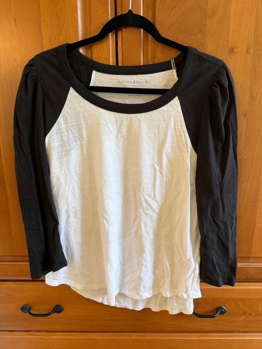 Lucky Brand Women's Black & White Raglan Long Sleeve Tee w/ Puffy Sleeves